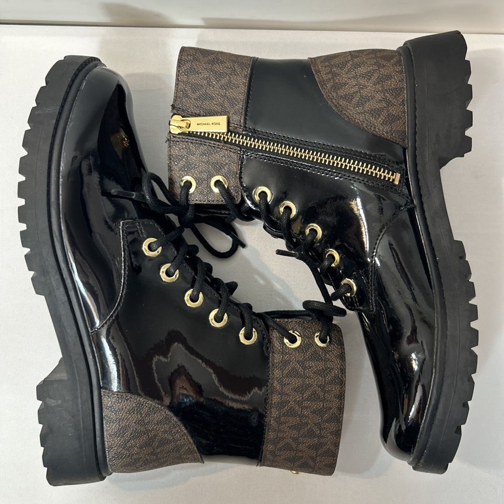Michael Kors Lace-Up Combat Boots Size 6 Black Brown MK Signature Logo Alistair